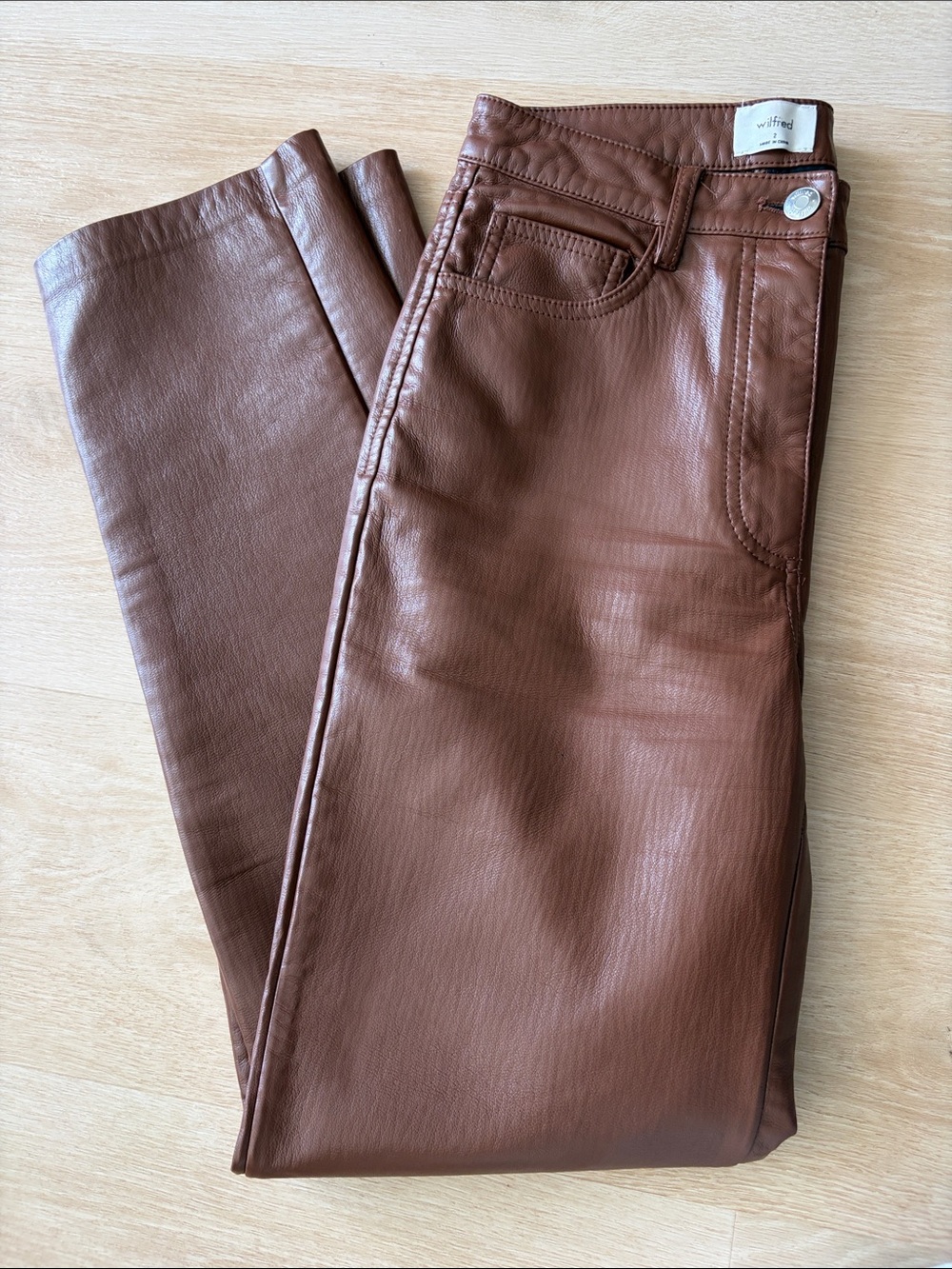 Aritzia Wilfred Brown Faux Leather Straight Leg Pants